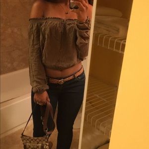 Olive green, off the shoulder crop top